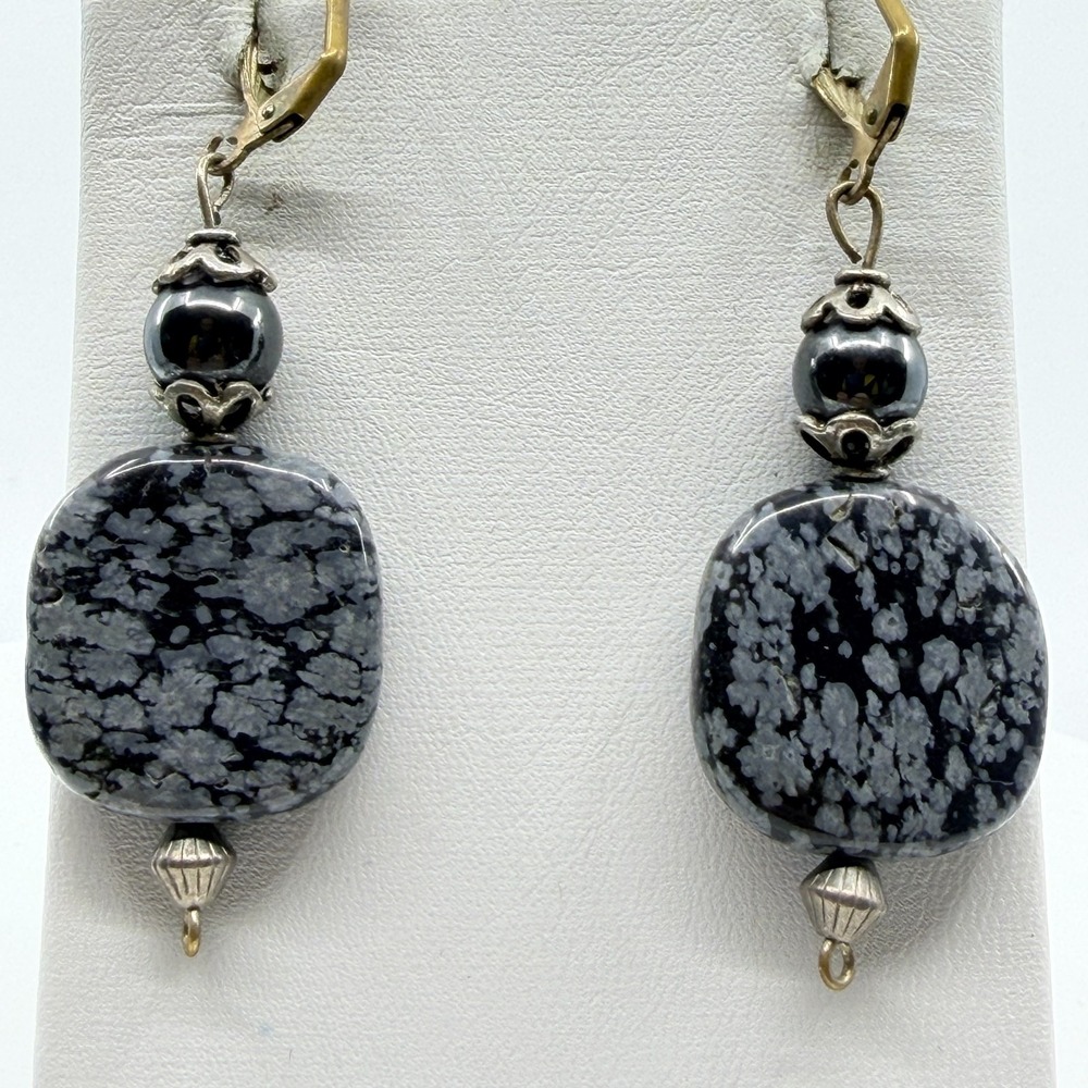 Snowflake Obsidian Statement Dangle Clip On Earrings Boho Gothic Artisan Style